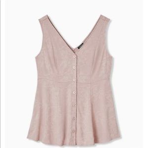 TAUPE FLORAL JACQUARD BUTTON FRONT FIT & FLARE PEPLUM TANK